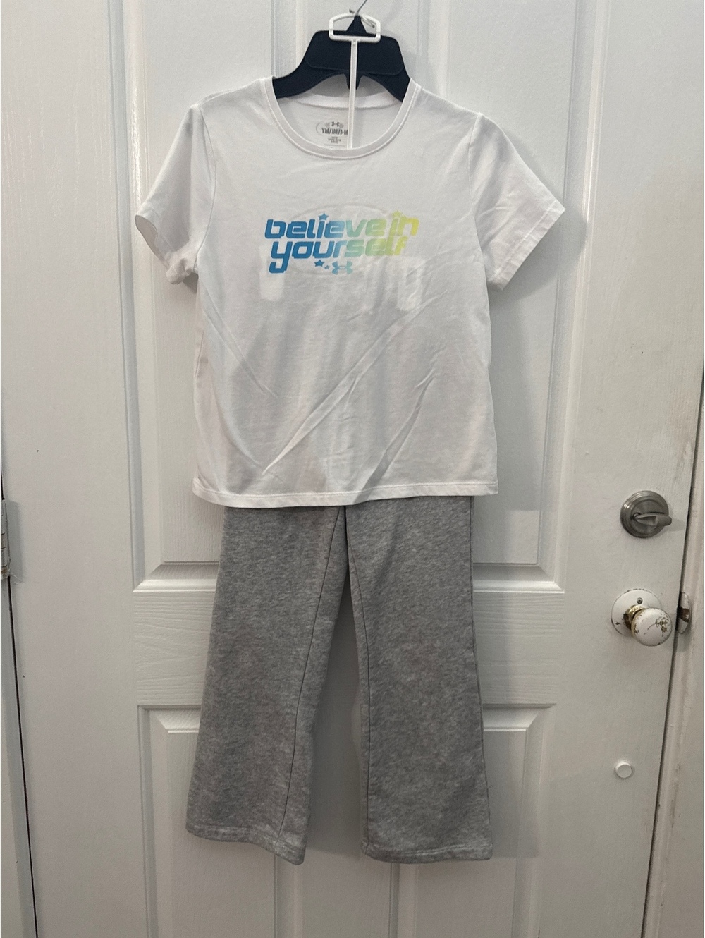 Under Armour White 'Believe in Yourself' T-Shirt and Tek Gear Gray Ultrasoft FLE